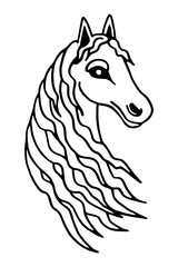 Vector black and white illustration of a horse's head with a beautiful mane. Основные RGB