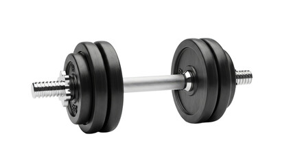 Naklejka premium dumbbell with silver handle rests centered, showing weights and textured grip against isolated background.