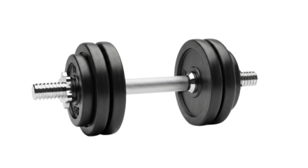 dumbbell with silver handle rests centered, showing weights and textured grip against isolated background.