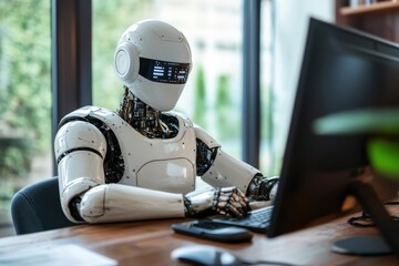 Advanced robot working at a computer in a modern office setting during daytime hours