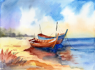 Watercolor illustration of two blue and brown wooden fishing boats on a sandy seashore