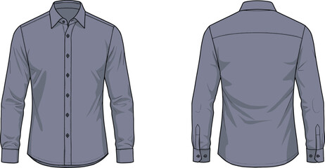 Long sleeve shirt front back view, button up shirt fashion flat, garment design template, apparel vector illustration, clothing mockup, classic collar shirt style