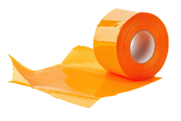 Bright orange warning tape roll isolated on transparent background. Orange duct tape isolated on white background.