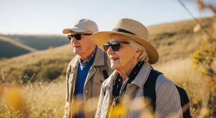 Golden Age Explorers: A senior couple, filled with youthful vigor, hikes across a sun-drenched, expansive landscape, embracing the beauty of their golden years.