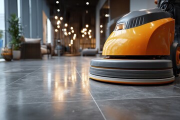 Fototapeta premium Orange floor scrubber cleaning tile floor in a modern building. Use for cleaning services or maintaining floors in commercial spaces.