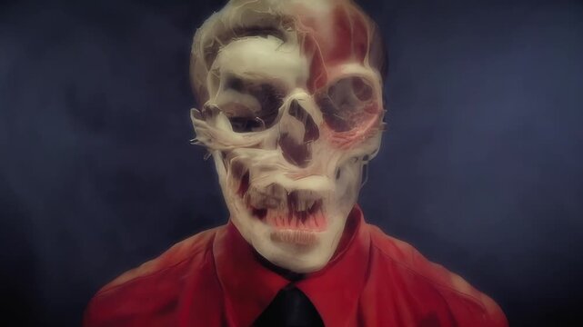 A scary, disturbing, bizarre man looking at the viewer, his head made of flesh, skinless and eyeless, surrounded by smoke. A nightmare horror character.
