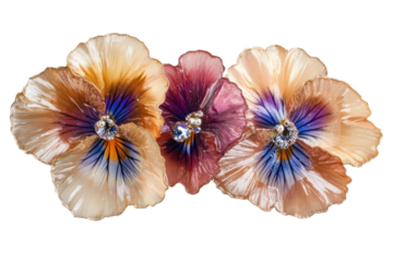 Collection of colorful pansy flower heads isolated on transparent background. Pansies flower isolated on white background.