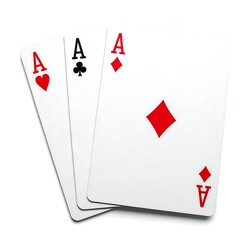 Obraz premium A winning hand of three aces playing cards, featuring hearts, clubs, and diamonds, fanned out and isolated on a clean white background