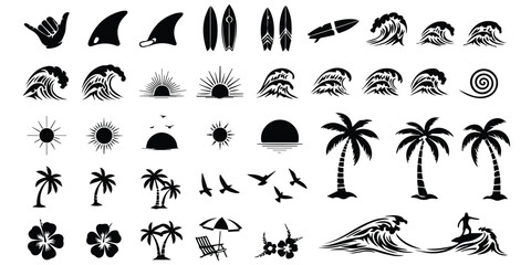 black and white silhouette outline tree, bird, sun art design set.