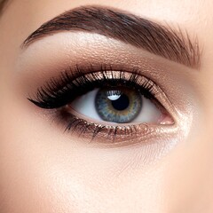Obraz premium A detailed close-up of a beautiful, made-up eye with long lashes, eye shadow, and a prominent eyebrow. It highlights the iris