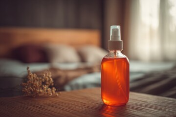 Effective Bed Bug Spray on Wooden Surface in Serene Bedroom Setting - Space for Your Message