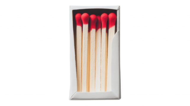 A box of matches with red tips in a white cardboard box