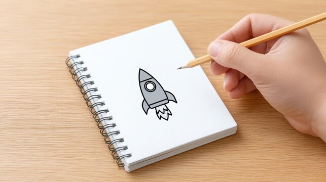 startup scaling A hand sketches a rocket in a notebook, symbolizing creativity and innovation.