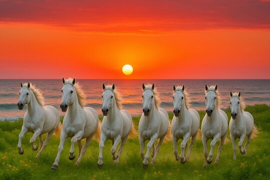 Seven White Horses Running by the Ocean at Sunset Glow  Ai Genreted Photo 