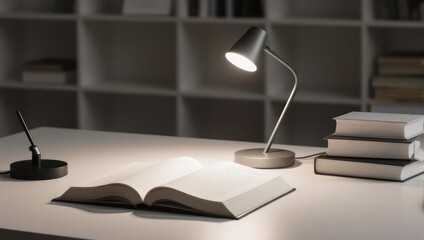 Desk lamp illuminating open book in study room.