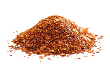 Pile of crushed red pepper flakes isolated on transparent background. Pile of red chili hot spices isolated on white background.