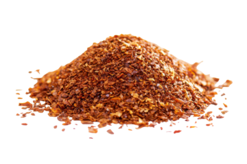 Pile of crushed red pepper flakes isolated on transparent background. Pile of red chili hot spices isolated on white background.