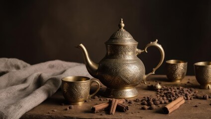 Antique Brass Teapot and Cups with Spices Still Life.