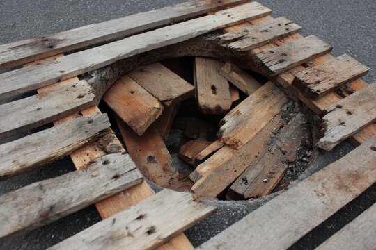 Dangerous Open Shaft in Street with Broken Pallet Causing Cargo Issues