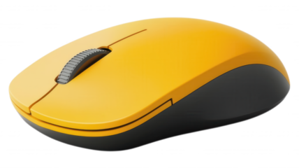A yellow computer mouse with a scroll wheel on black background