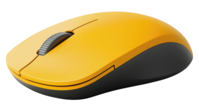 A yellow computer mouse with a scroll wheel on black background