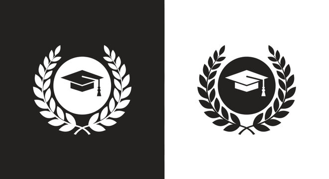 Minimalist Education Vector Icon Set with Graduation Cap and Laurel Wreath Emblem in Black and White