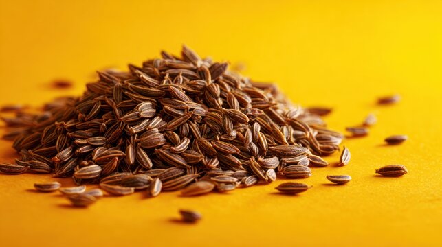 Close-up of a pile of cumin seeds on a vibrant yellow background