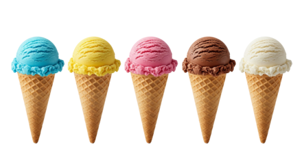 Five colorful ice cream cones sit lined up with various flavors against a stark .