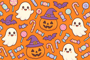Bright and colorful halloween seamless pattern featuring cute candy, smiling ghosts, purple bats, and pumpkins with witch hats on an orange background