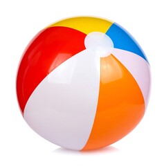 A detailed and realistic classic colorful inflatable beach ball toy with vibrant striped panels, isolated on a clean white background for summer fun