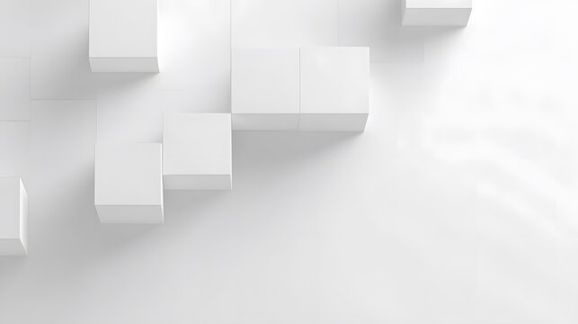 Fototapeta geometric composition of white cubes arranged in a staggered formation on a light surface casting subtle shadows and evoking a sense of depth and simplicity abstract background with white squares
