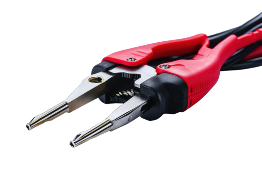 Close up of red handled needle nose pliers isolated on transparent background. Power cable pliers in red and black with electric cables isolated on white background.