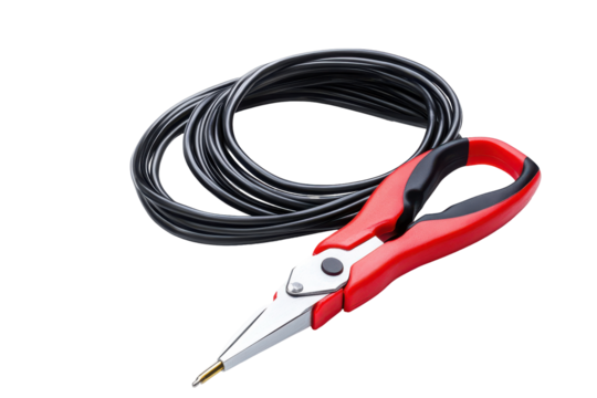 Close up of red handled needle nose pliers isolated on transparent background. Power cable pliers in red and black with electric cables isolated on white background.