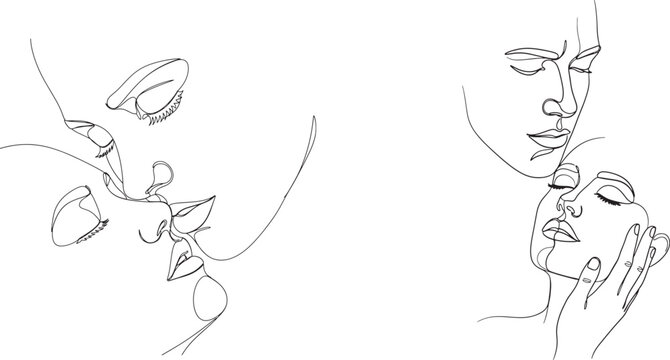 intimate couple kissing and embracing, continuous line art of love, romance, and human connection - Powered by Adobe