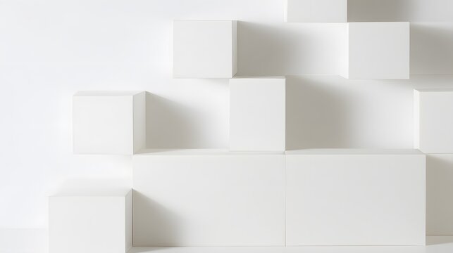 Fototapeta abstract minimalist design featuring white cubes in a staggered layout on a neutral background with soft lighting and clean lines for contemporary aesthetic white boxes on white background