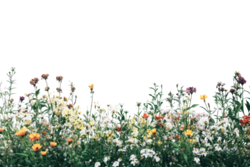 Field of wildflowers in bloom isolated on transparent background. Realistic flowering plants foreground isolated on white background.