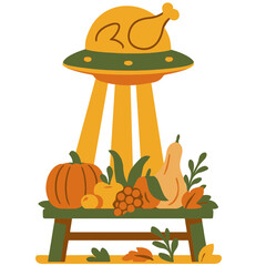 Floating turkey spaceship vector, glowing golden light above harvest table
