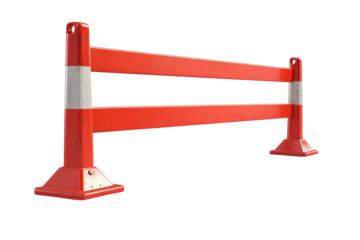 Orange traffic barrier with red warning tape isolated on transparent background. Red safety barrier isolated on white background.