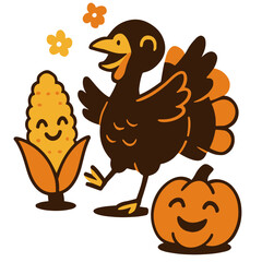 Doodle turkey dancing with smiling corn and pumpkin friends vector