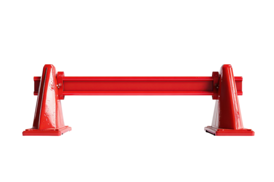 Orange traffic barrier with red warning tape isolated on transparent background. Red safety barrier isolated on white background.