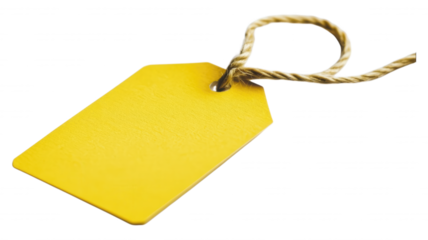 A yellow tag with a string on a black isolated background