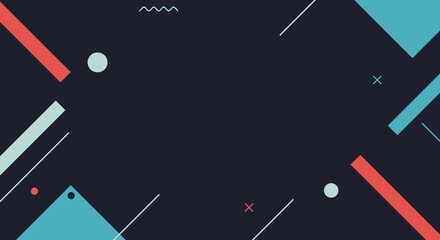 Abstract Dark Background with Geometric Shapes and Colorful Memphis Style Elements