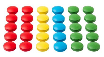 Four rows of colored pills sit arranged against a stark background. - high quality Four rows of colored pills sit arranged against a stark background.