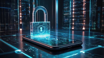 A digital padlock hovers over a smartphone, symbolizing data protection