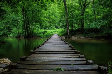 Obraz premium Wooden bridge over calm river surrounded by lush green forest, creating peaceful and serene natural atmosphere in wilderness
