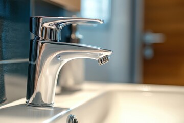 Modern chrome faucet close up in bathroom sink with shiny surface reflecting light and blurred background creating calm atmosphere