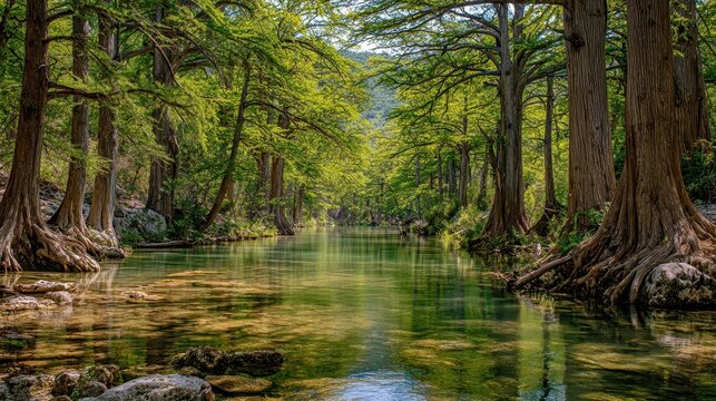 Lush Cypress Canopy Over the Tranquil Waters of the Frio River: A Serene Nature Landscape