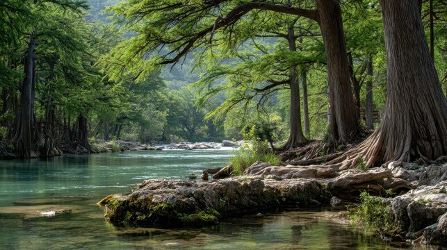 Lush Cypress Trees Gracing the Frio River: A Serene Forest Landscape Steeped in Nature's Green Embrace
