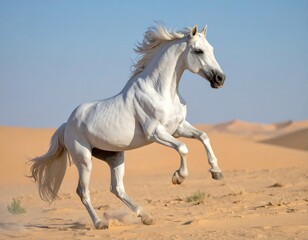 Fototapeta premium A magnificent white equine, caught mid-leap against a backdrop of rolling sand dunes under a clear, azure sky. The animal's mane and tail flow gracefully