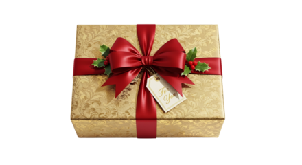 Gift box covered in gold patterned paper is adorned with a red bow and holly berries on a isolated background.